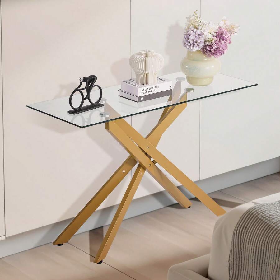 Glass Coffee Table, Modern Rectangle Sofa Side Table With Tempered Glass Top & Iron Cross-Legs, Golden Geometric Consloe Desk With Adjustable Anti-Slip Foot Pads For Living Room, Entryway, Foyer - Gold - View 1