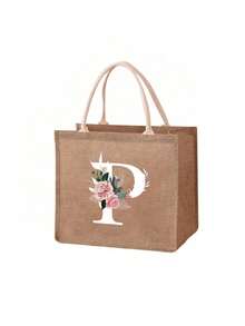 Mini Blumen Buchstaben bedruckter Leinen Shopper, Einkaufstasche Handtasche für Frauen Mode Jutegewebe Einkaufstasche, tragbare Tasche für Lehrer, ideal für Einkaufstasche, Lunch Tasche, es ist ein Geschenk für Frauen, Mütter, Lehrer, Freunde, Brautjungfern, Liebhaber, Studenten, geeignet für Dates, Geburtstag, Feste, Rückkehr zur Schule, Urlaub, Strand, Reisen, Pendeln, Geschäft, Studenten, Picknick, Camping, Supermarkt, tägliche Aufbewahrung