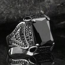 1入復古款商務銀色合金戒指，配有人造寶石，適合男士日常佩戴或訂婚戒指 - 黑色 - 查看 11