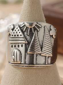 Anel vintage de cobre com faixa larga, anel memorial unissex, paisagem gravada à mão, casa, sol e árvore, personalizado e combinando. - Prata antiga - Ver 9
