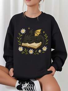 Women'S Black Fantasy Dragon On Book Graphic Sweatshirt - Cozy Pullover With Floral & Starry Night Design, Soft Round Neck Long Sleeve Casual Sweater For Book Lovers & Dragon Enthusiasts, Spring/Fall Literary Inspired Apparel, Fall Sweatshirt For Women, Fall Clothe For Women, Women' Sweatshirt, Sweater For Women, Women Fall Clothe - 黑色 - 查看 4