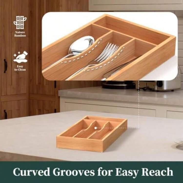 organizador de cubiertos de bambú, organizador de cajones de cocina, soporte para utensilios, bandeja para cubiertos y cuchara con divisores de cajones ranurados(Pequeño Natural) - Multicolor - Añade 3