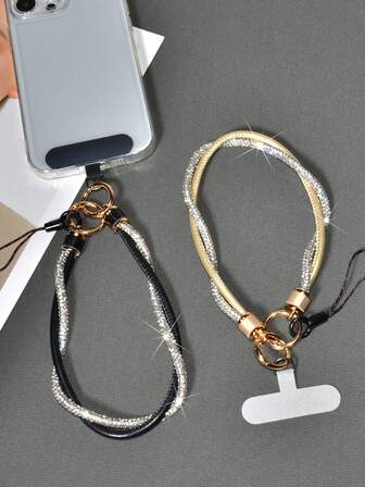 1pc New Style High-End Creative Fashion Shiny Rhinestone Strap Wrapped Around Leather Double-Layer Hand Wrist Lanyard, Durable Smartphone Twisted Bracelet, Outdoors Travel Shopping Mobile Phone Anti-Lost & Anti-Fall Short Hand Sling, Camera & Key Chain Pendant, Suitable For Women, Daily, Dating, Festivals, Work