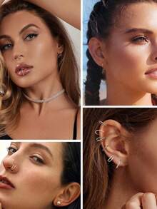 4 piezas Anillos para la nariz elegantes y sexys de 16G - Acero inoxidable hipoalergénico, con acentos de circonita cúbica para uso diario y fiestas - Juego de cuatro piezas - Ver 5