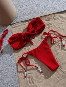 女士性感露背纯色罗纹面料比基尼两件式泳衣，适合海滩度假、春夏穿着 - 紅色 - 查看 2