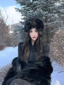 女士Y2K冬季仿皮草帽，蓬松针织帽，俄式帽子，哥萨克帽，保暖防风帽 - 彩色 - 查看 4