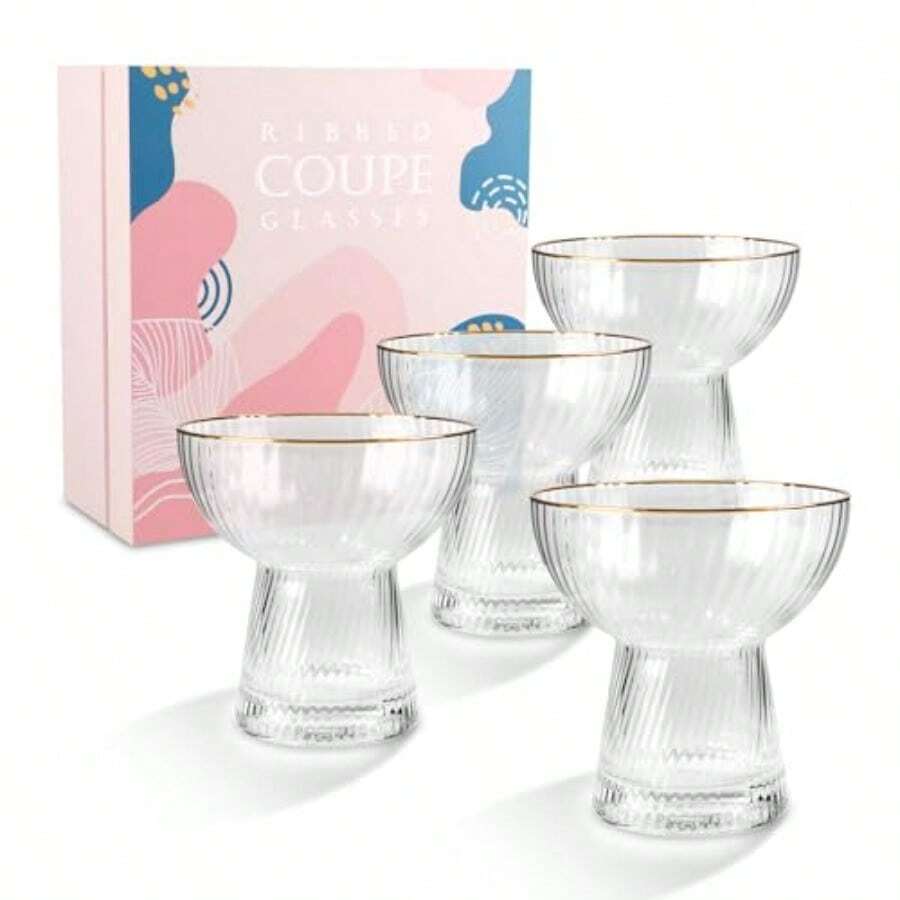 D4PCS Steml Margarita Glasses Hand Blown Elegant Vertical Stripes Margarita Glasses Thick Solid Clear Pink Glasses With Gold Rim For Champagne Wine Beer Drink Party Bar 10 Oz Gifts In Box - 清除4組 - 查看 1