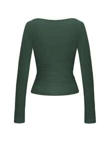 Áo dệt kim dài tay ôm dáng gợi cảm dành cho nữ mùa xuân hè của Vaiaye, áo thun cổ vuông màu trơn, phong cách thường ngày giản dị và đa năng, trang phục tối giản thoải mái. - Màu xanh lá cây đậm - Xem 4