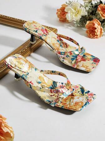 Women's Floral Satin Simple Thong Sandals With Kitten Heels, Suitable For Daily Wear, Party, Vacation, Shopping, Dating (Random Cut)