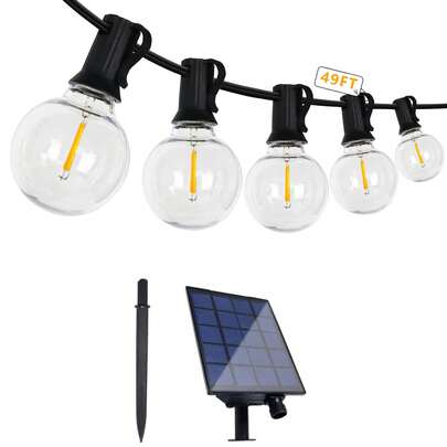 49ft Outdoor Solar String Lights With Remote Control, 25 Shatterproof Bulbs, Dimmable With Timer, Three Lighting Modes, G40 Waterproof Solar String Lights, Ideal For Patio And Party Decorations