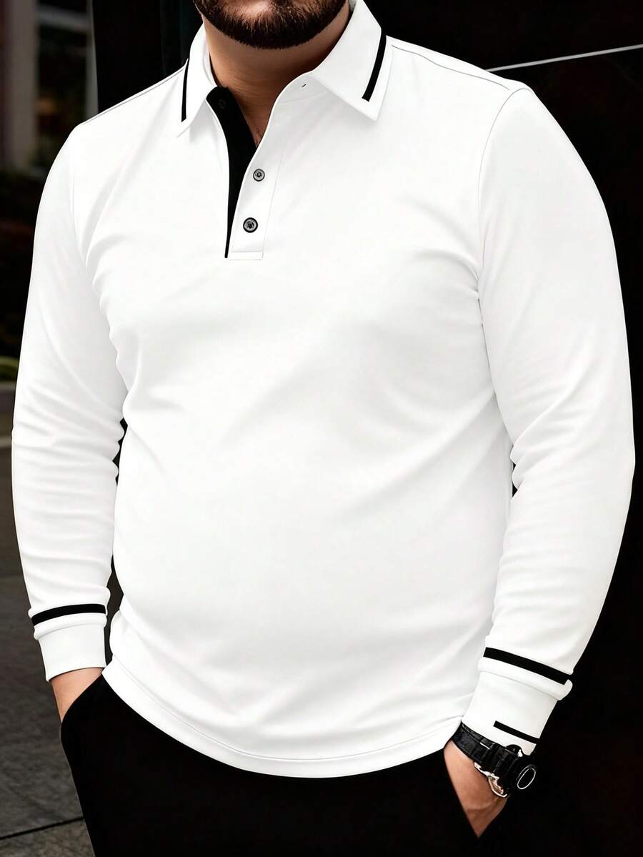 1件加大码男士休闲纯色纽扣领长袖polo衫,适合春秋季穿着 - 白色 - 查看 1