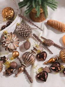 73/53 piezas Caja de regalo con bolas de Navidad marrones, Colgante de plástico PVC - Diseño de piña con brillo - Decoración divertida para el hogar, Adecuado para decoración del árbol de Navidad, decoración de fiesta de boda, embalaje de regalos DIY, etc. - Multicolor - Ver 3