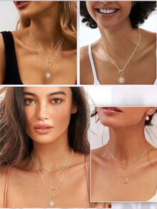 3Pcs Layered 14K Gold Plated Necklaces For Women Dainty Necklace Stack Silver Plated Non Tarnish Free Pendant Chunky Chain Pearl Paperclip Cross Heart Necklace Set For Women - 14K鍍金項鍊+月亮 - 查看 4