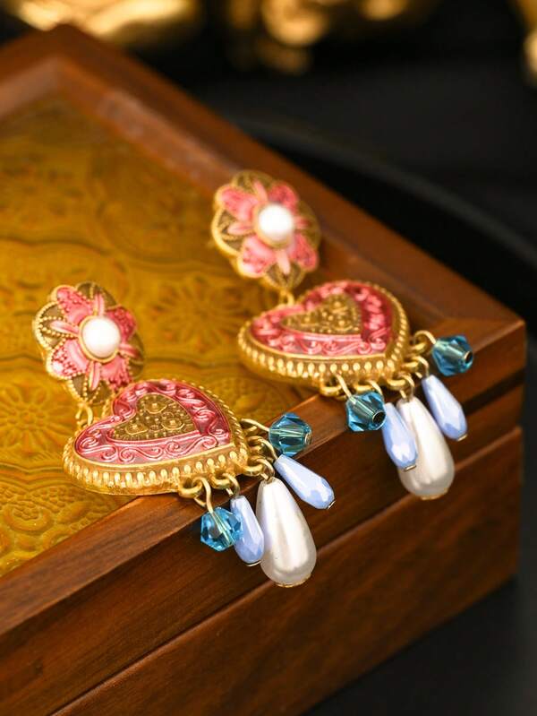 1 Pair Fashionable Heart-Shaped Long Dangle Earrings, Suitable For Women's Daily, Summer, Beach, Holiday, Party Wear, Jewelry Gift Accessory