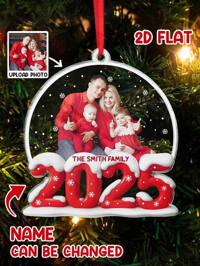 Catygift Custom Family Christmas Ornament, Personalized 2D Flat Photo Keepsake, Unique Holiday Gift For Parents, Family Name Ornament