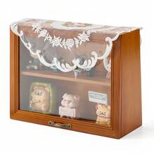Lace Cloth + Solid Wood Clamshell Storage Box, Retro-Style Solid Wood Desktop Storage Cabinet, Cute Ornament Storage And Decoration, Household Glass Front Window Cosmetics Storage Box, Practical Tea Set Retro Multi-Functional Storage Box - Multicolor - View 4