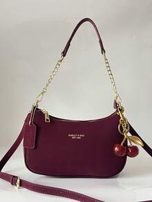 1个极简主义纯色新月形手提包，时尚法棍包，多功能单肩/腋下包，Y2K 风包包，带蝴蝶结装饰吊坠 - 紅木色 - 查看 12