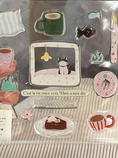 1pc Fashionable 3D Decorative Sticker With Cute Cat & Coffee Theme, & , Suitable For DIY Planner, Phone, Tablet, Cup