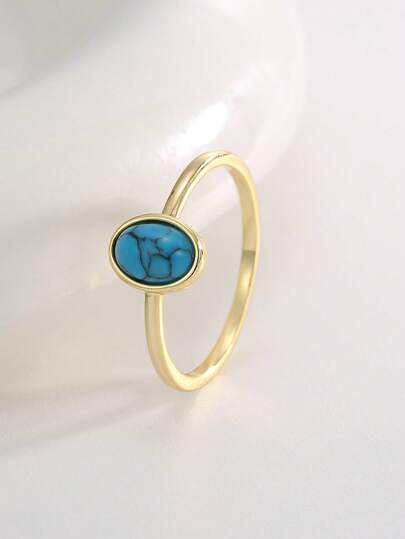 Charm-In 1pc Fashionable Minimalist High-End 18K Gold Plated Brass Geometric Inlaid Turquoise Women's Quality Ring, Multiple Sizes Available, Gift For Valentine's Day, Mother's Day