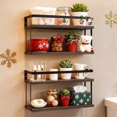 Black Wall Mounted Floating Shelves For Bathroom With Christmas Decorations, Above Toilet Shelves, Rustic Wood Hanging Shelves For Bedroom Kitchen Living Room, Bathroom Storage Decor
