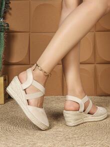 Women's Lace-Up Wedge Sandals, Casual Elastic Band Thick Bottom Shoes. Closed Toe Round Toe Hollow Breathable Platform High Heel Straw Woven Shoes, Fisherman Sandals. Women's Cross-Tied Rubber Suede Linen Wedge Sandals, Beach Bohemian - Apricot - View 5