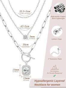 3Pcs Layered 14K Gold Plated Necklaces For Women Dainty Necklace Stack Silver Plated Non Tarnish Free Pendant Chunky Chain Pearl Paperclip Cross Heart Necklace Set For Women - 鍍銀項鍊+鋯石 - 查看 3