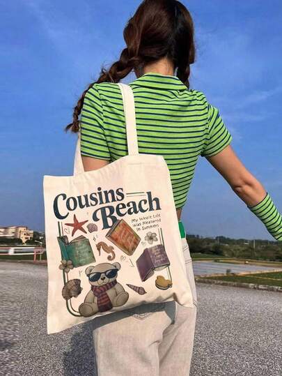 Cute Bear & Book Print Shoulder Bag, Fashion Canvas Tote Bag, Handbag, Shopping Bag For Women, Casual Tote For Work, School, Shopping, Outdoor, Gift