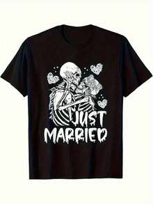 Men's Wedding Skull Couple Pattern T-Shirt - Black Cotton Round Neck Short Sleeve Jacket With Wedding Ring And Heart Design, Loose Fit, Slightly Elastic, Suitable For Wedding Celebrations, Creative Couple Gift, Wedding Gift, Casual Celebration Outfit, Comfortable Daily Wear, Casual Celebration Clothing, Couple Matching Outfit, Heart Pattern Design, Retro Style T-Shirt, Elastic Fit, Breathable Material, Men's T-Shirt, Loose Top, Gift Shopper, Wedding Guest - trắng - Xem 1