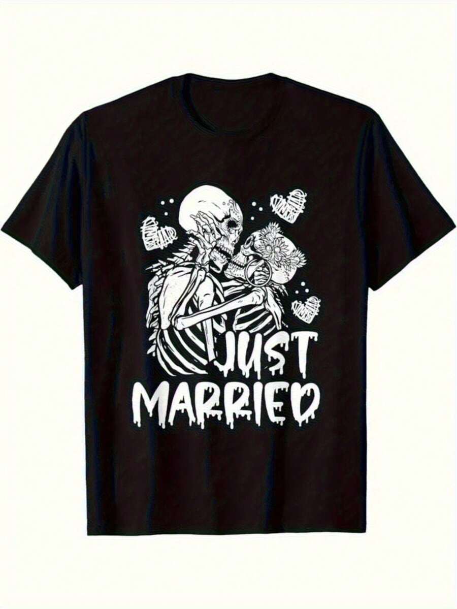 Men's Wedding Skull Couple Pattern T-Shirt - Black Cotton Round Neck Short Sleeve Jacket With Wedding Ring And Heart Design, Loose Fit, Slightly Elastic, Suitable For Wedding Celebrations, Creative Couple Gift, Wedding Gift, Casual Celebration Outfit, Comfortable Daily Wear, Casual Celebration Clothing, Couple Matching Outfit, Heart Pattern Design, Retro Style T-Shirt, Elastic Fit, Breathable Material, Men's T-Shirt, Loose Top, Gift Shopper, Wedding Guest - trắng - Xem 1