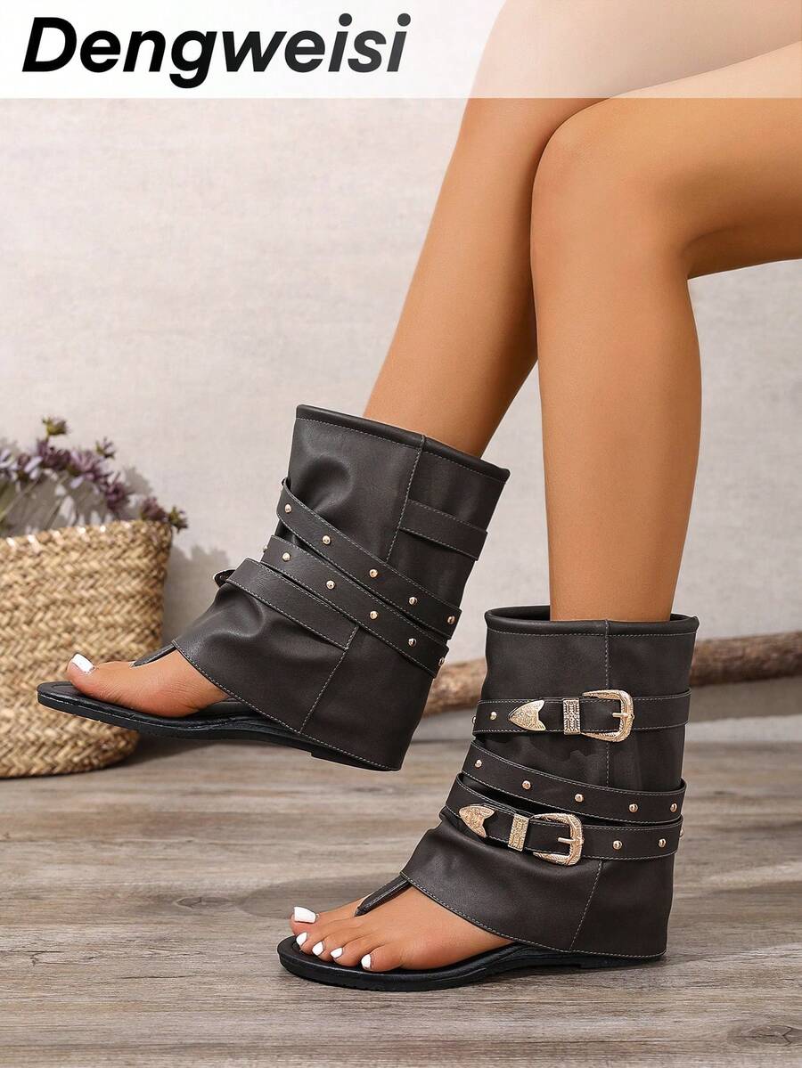 Giày bốt cổ thấp mũi tròn phong cách Punk, màu xanh ô liu sọc khóa cài, thoải mái khi đi làm, lễ hội âm nhạc, mùa hè dành cho nữ - Màu xanh lá cây đậm - Xem 1