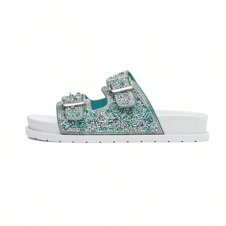 Meijile Women's Flat Sandals, Rhinestone Flat Sandals, Adjustable Buckle, Women's Papete 260 - Azul - 查看 5