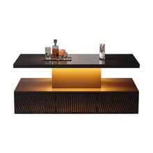 Two-Tier Coffee Table For Living Room With 16-Color LED Light, High-Gloss Living Room Table, Sofa Table With Open Display Shelf And 1 Sliding Drawer, Small Rectangular Coffee Table, Black - Black - View 7