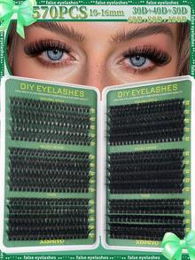 Regalo de Navidad Nuevo Set de 600/570 Pestañas Postizas Rizadas Tipo D Esponjosas, Incluye Tutorial de Pestañas Postizas Amigable para Principiantes, Kit de Pestañas en Racimos Gruesas y Voluminosas DIY (Con Adhesivo y Sellador), Pinzas, Cepillo de Pestañas, Lupa de Pestañas, Reutilizable