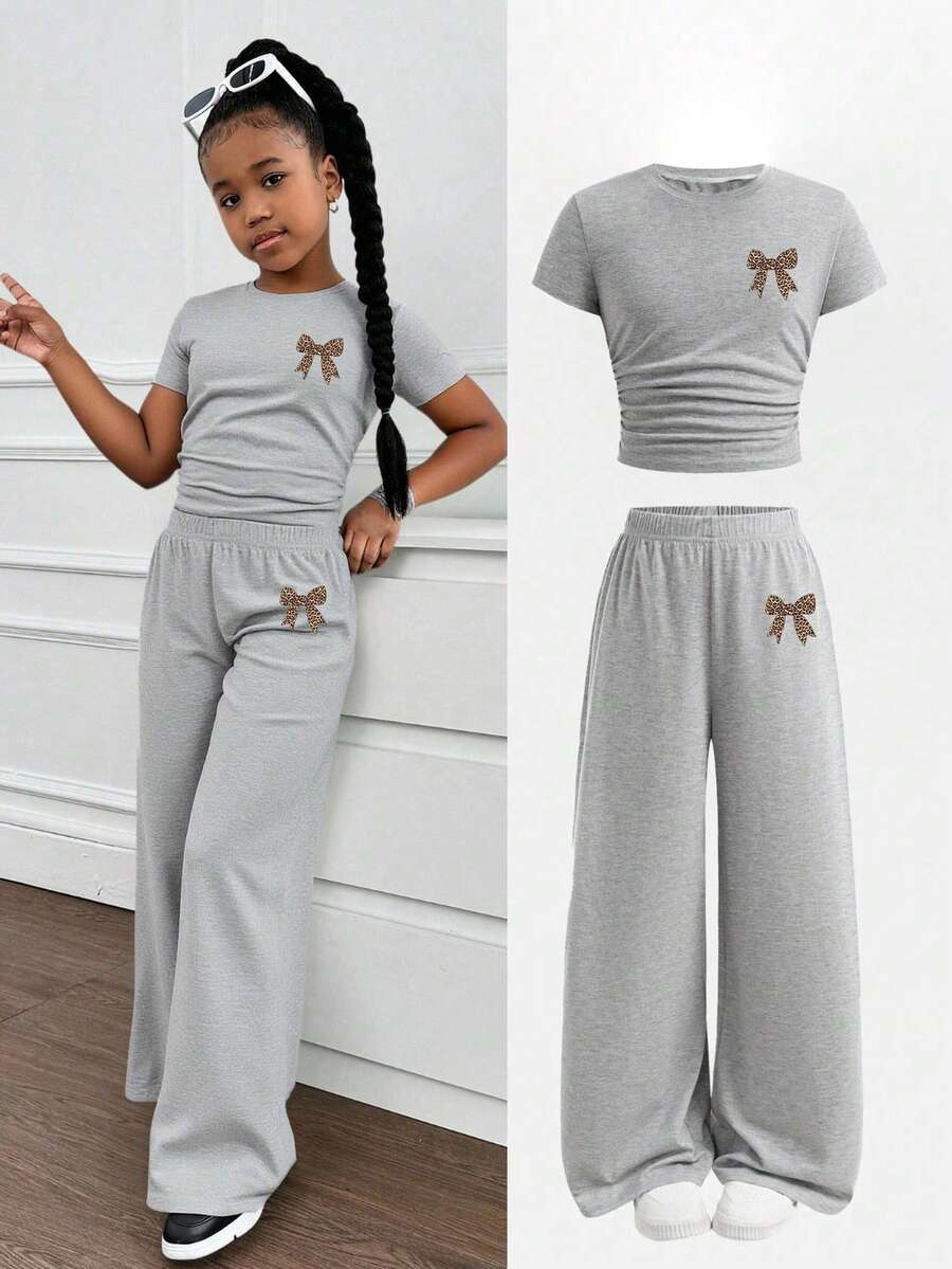 Toddler Girls' Cartoon Bow Print Short Sleeve Top And Loose Pants Set - Grey - View 1