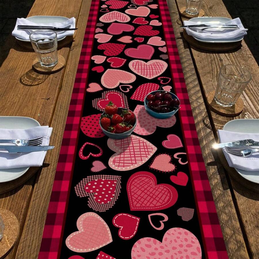 Valentine's Day Pink & Black Heart Desk Flag, Red Buffalo Plaid Polka Dot Striped Scarf Home Kitchen Decor, Wedding Anniversary Farmhouse Dining Room Decor Party Supplies