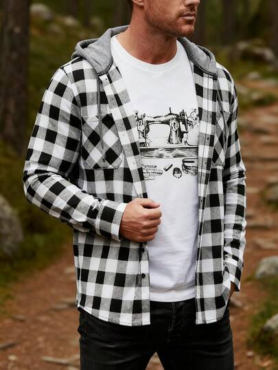 Chaqueta holgada con capucha para hombre, Hombre Abrigo de Poliéster Cuadros con Capucha, manga larga, botones y cuadros, Con bolsillos con solapa y capucha con cordón ajustable
