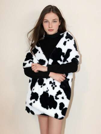 1pc Faux Fur Cow Print Shawl Scarf, Extra Long One-Shoulder Cloak Poncho, Suitable For Bridal, Evening Gown, Autumn/Winter Versatile Outerwear