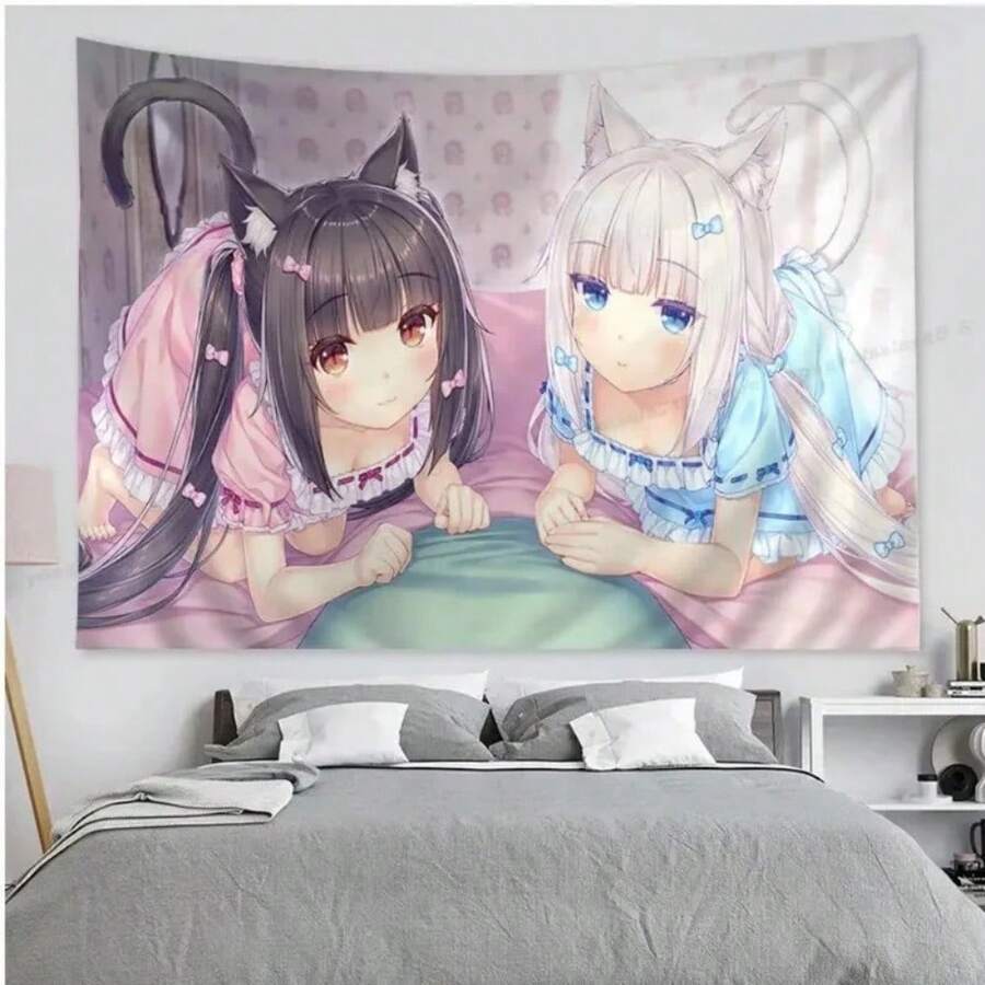 NEKOPARA Anime Cat Ear Tapestry - Light Color - Cute Anime Wall Hanging Decoration With Expressive Eyes - Soft Peach And Beige Fabric - Horizontal Hanging, Suitable For Bedrooms, Living Rooms, And Dormitories - Easy To Hang, No Electricity Required - Perfect Anime Fan Gift Suitable For Both Men And Women - Japanese Manga Inspired Decoration - Playful Anime Character Design - For Indoor Use - Comfortable Peach And Beige Fabrics - Vibrant Colors, Suitable For Home Decoration And Anime - 彩色 - 查看 1