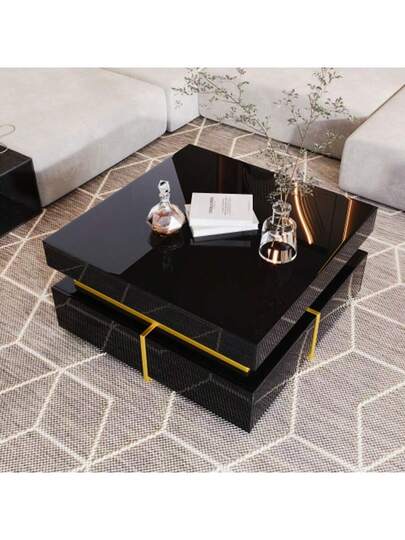 Couchtisch, Hochglanz Wohnzimmertisch, Beistelltisch Mit Schubladen Und Goldenen Akzenten view 4