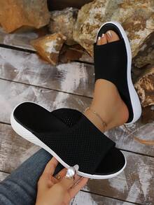 Women's Fashion Oversized Open Toe Casual Comfortable Wedge Slide Sandals, Summer - Black - View 9