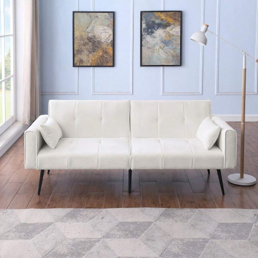 Futon Sofa Bed, Modern 68-Inch Futon Sofa, Convertible To A Bed, Sofa Bed Living Room Furniture Futon Set - Fits Small Spaces - Beige - View 1