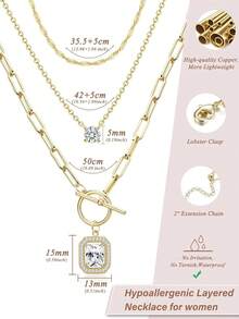 3Pcs Layered 14K Gold Plated Necklaces For Women Dainty Necklace Stack Silver Plated Non Tarnish Free Pendant Chunky Chain Pearl Paperclip Cross Heart Necklace Set For Women - 14K鍍金項鍊+鋯石 - 查看 3
