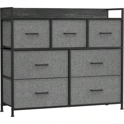 Chest Of Drawers Bedroom Cabinet 7 Fabric Drawers With Handles Metal Frame Grey And Black With Wood Grain LTS523G22