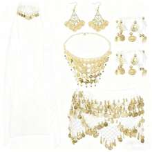 女士肚皮舞服装套装，包括肚皮舞臀巾、裹身配饰、硬币吊坠项链、耳环、手镯和万圣节肚皮舞服装 - 彩色 - 查看 7