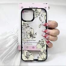 艺术百合花黑白边缘亚克力手机壳适用于 12 Mini、13 Mini、14、15 Plus、16、16 Pro、16 Pro Max 防水防震防摔防刮 - 黑色 - 查看 4