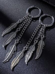 Pendientes colgantes de pluma elegantes - Pendientes de aro largos con flecos de cadena de hoja de joyería bohemia de acero inoxidable hipoalergénico para mujeres y hombres, para fiestas y regalos