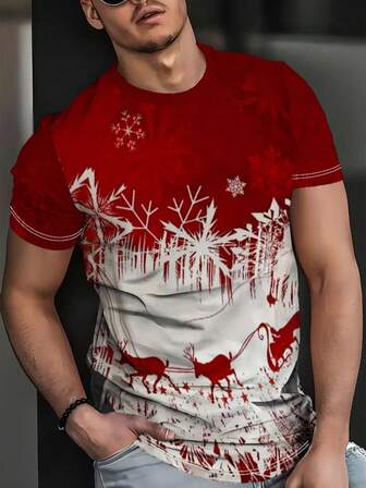 3D digital bedrucktes, modisches, lässiges Herren Kurzarm Weihnachts-T-Shirt mit Rentier-Motiv