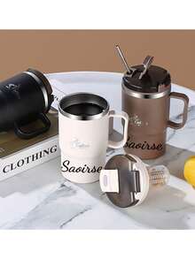 1pc Stainless Steel Insulated Coffee Mug With Handle, 12oz Double Wall Vacuum Travel Mug, Tumbler Cup With Sliding Lid, Double-Layer Thermal Insulated Water Cup, Leak Proof & Anti Scalding Milk Coffee Cup, Large Capacity Drinking Cup Kitchen Drinkware, Suitable For Student And Adult Use In Home, School, Office, Outdoor Camping, Picnic,Chic Design - Multicolor - View 5