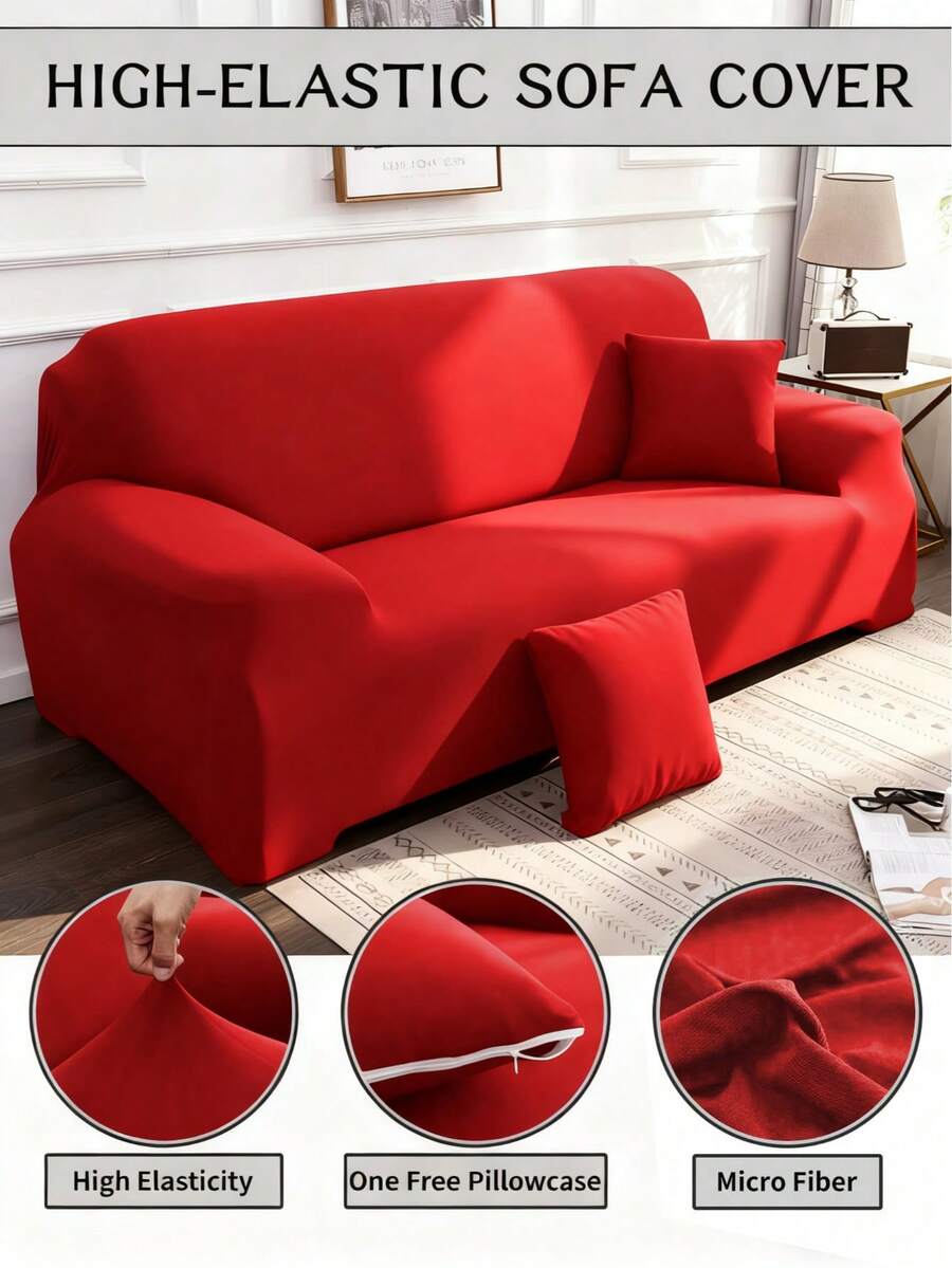 1pc Christmas Solid Color Milk Silk Universal Stretch Full Coverage Sofa Cover + 1pc Matching Pillow Cover Without Filler
