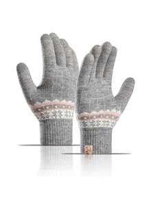 1 Pair Knitted Winter Warm Gloves, Double-Layer Fleece Lining Thickened Design, Textured Pattern, Suitable For Students - Multicolor - View 7